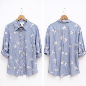 Alfred Dunner Woman 1X Blue White Striped Embroidered Butterfly Floral Shirt 3/4